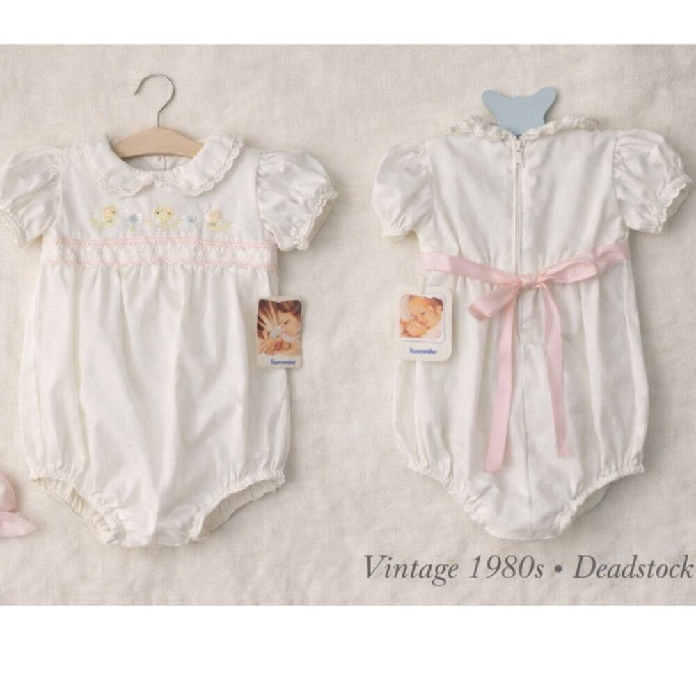 Vintage 1980s Baby Romper Deadstock Embroidered One Piece NWT Heirloom 6-9 M